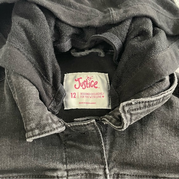Justice Denim Hooded Jean Jacket Raw Hem Pockets Stretch Size 12 - Picture 2 of 7